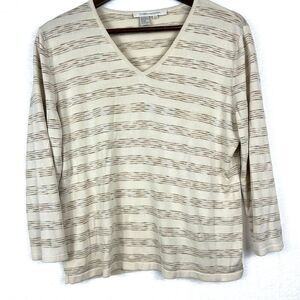 Compositions 100% Silk Sweater V-neck Taupe Brown Stripes Long Sleeves Neutral L
